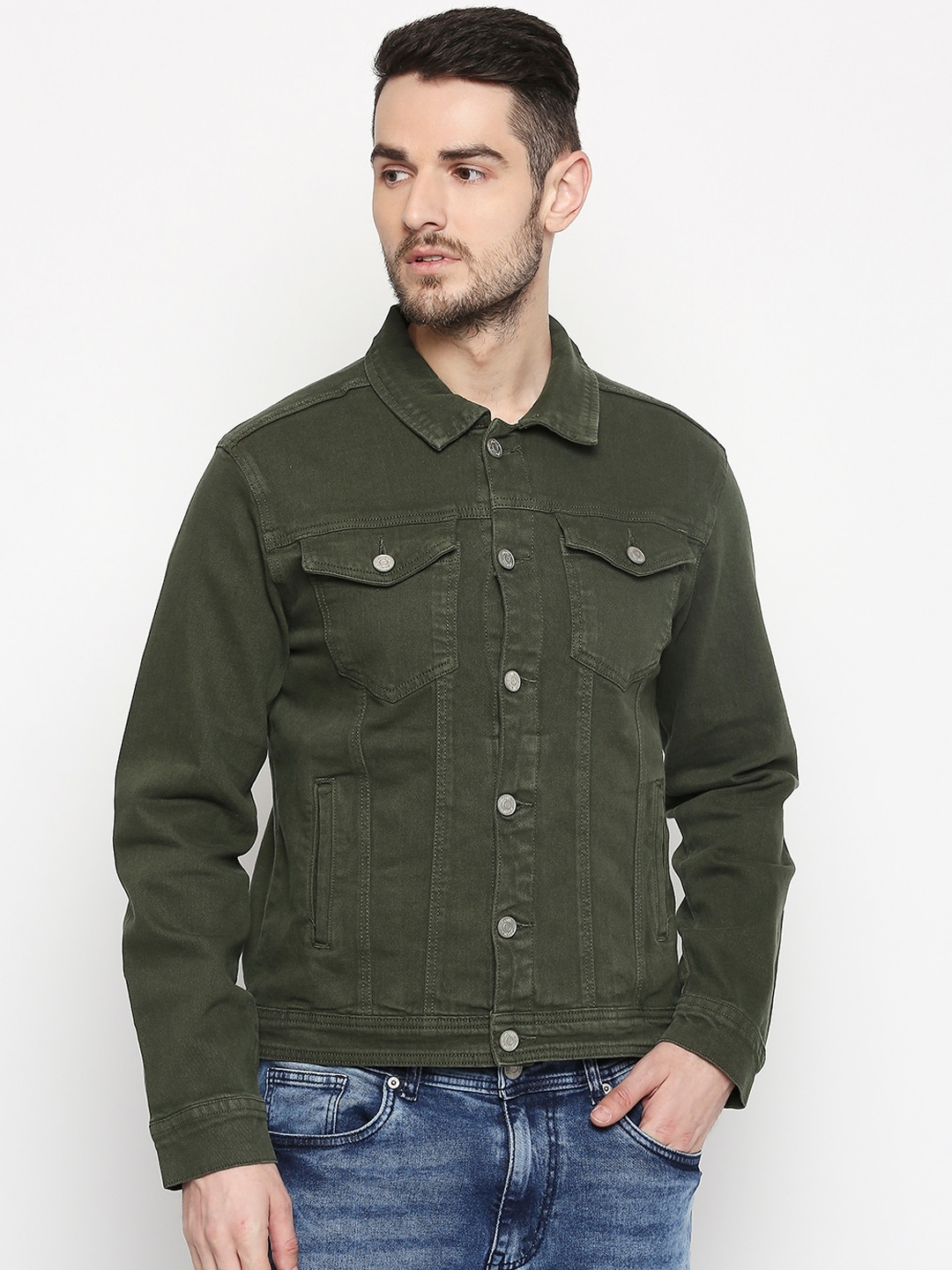 Buy People Men Olive Green Solid Denim Jacket - Jackets for Men ...