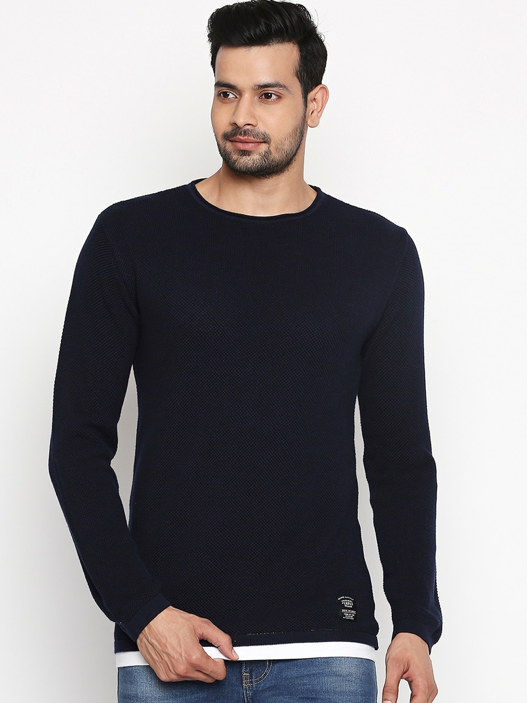 Buy People Men Navy Blue Solid Pullover Sweater - Sweaters for Men ...