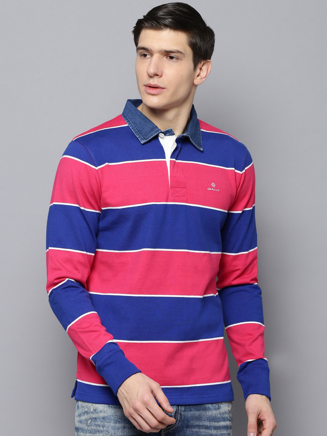 Buy GANT Men Pink & Blue Striped Polo Collar T Shirt Tshirts for Men 13313338 Myntra