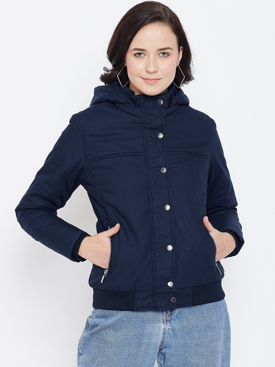 Buy Octave Women Navy Blue Solid Lightweight Bomber Jackets for Women