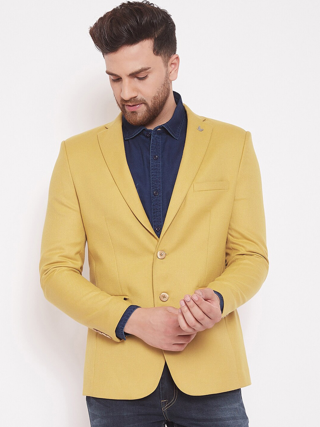 Buy Canary London Men Mustard Yellow Solid Slim Fit Single Breasted Blazer Blazers for Men