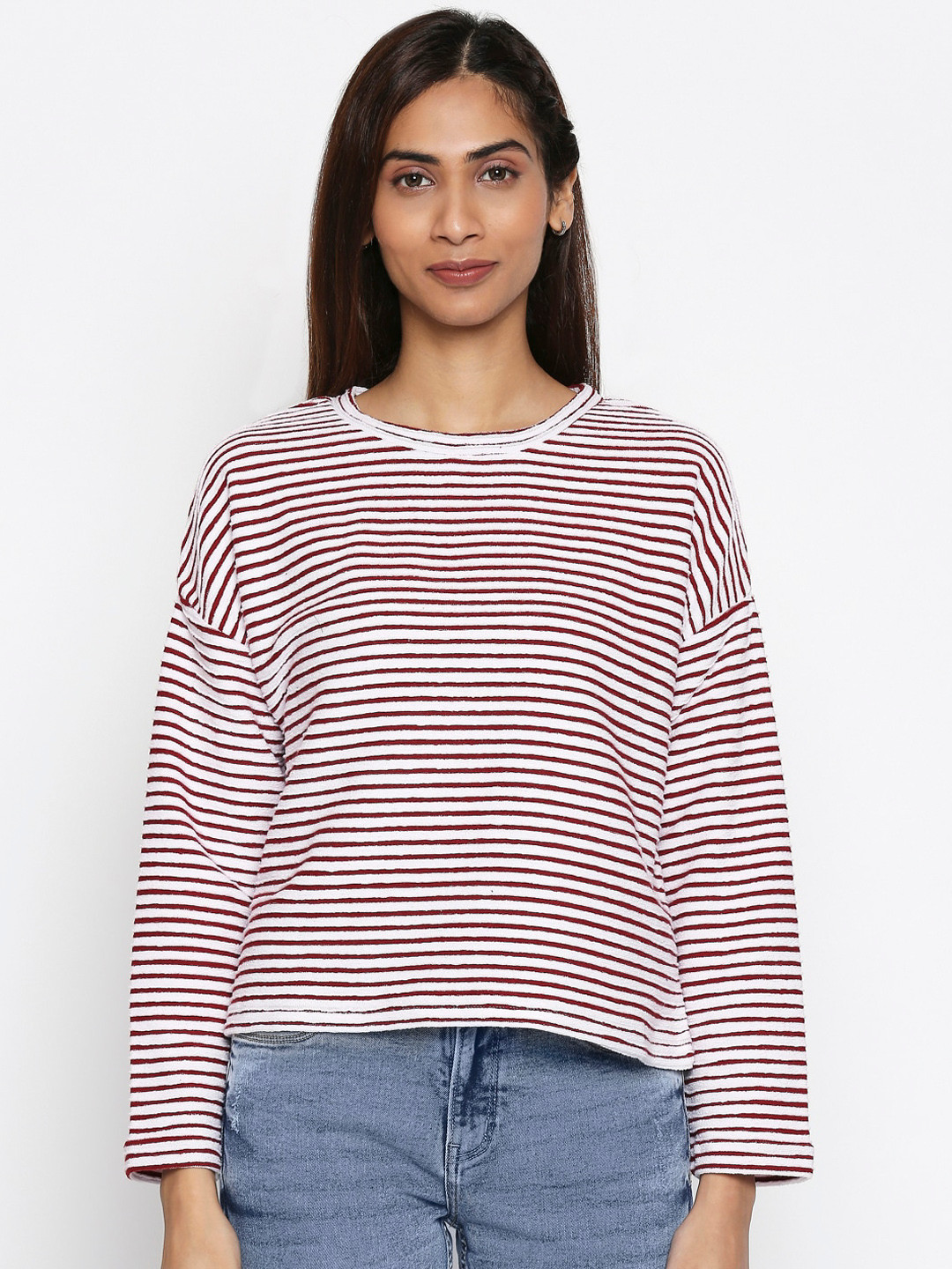 Buy People Women Red & White Striped Cotton Sweatshirt Sweatshirts