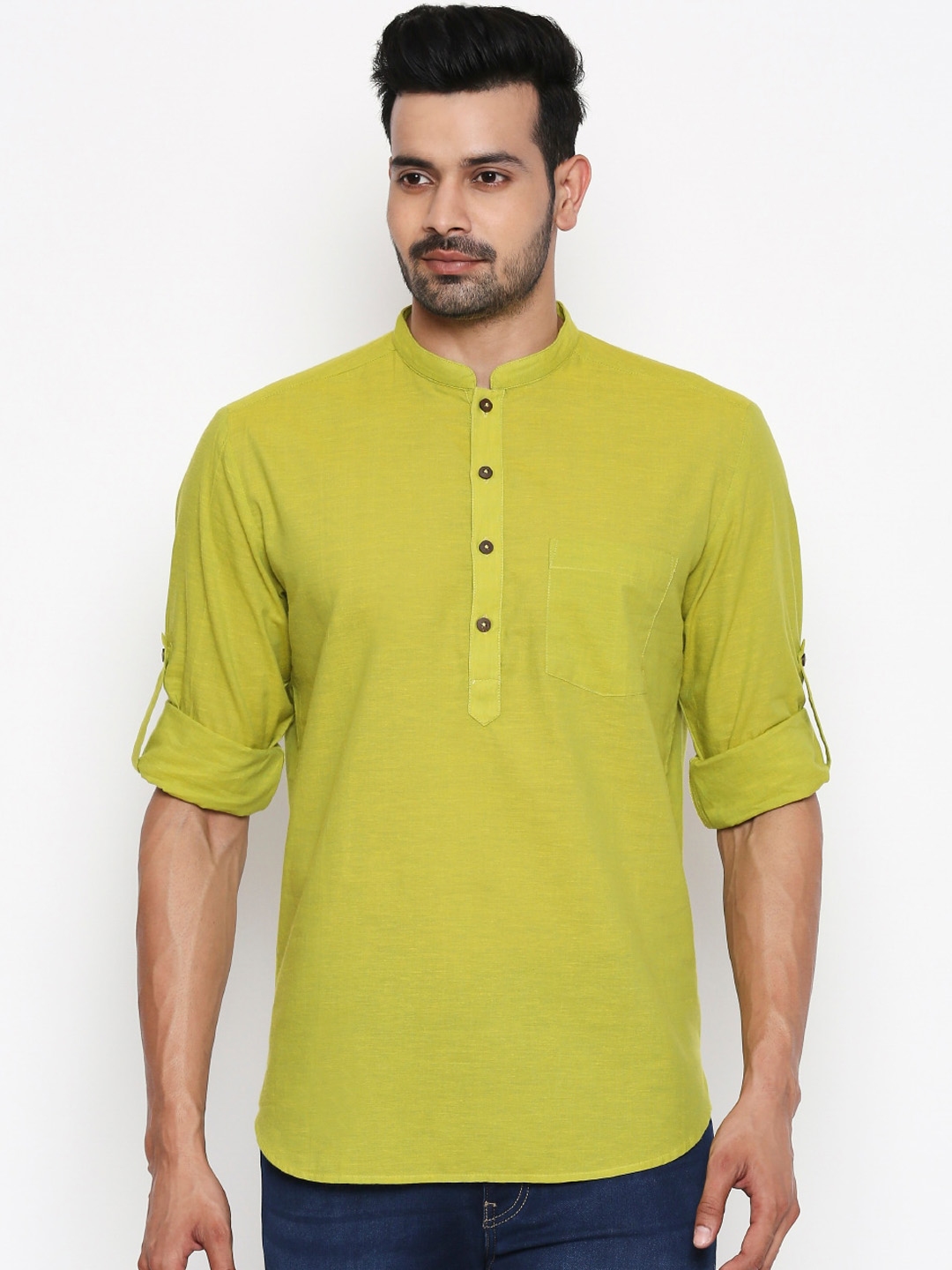 Buy Indus Route By Pantaloons Men Lime Green Solid Straight Kurta ...