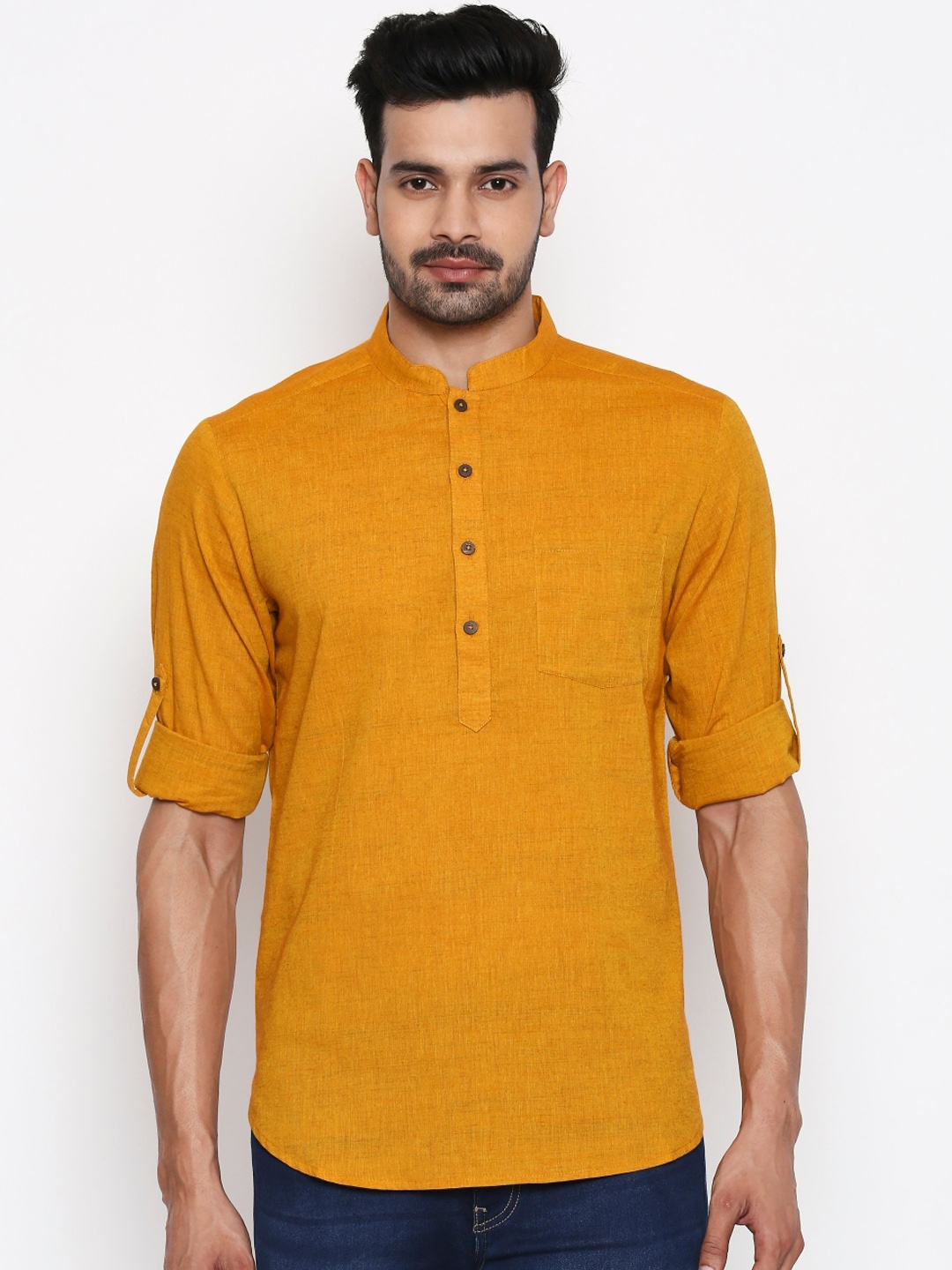Buy Indus Route By Pantaloons Men Mustard Yellow Solid Straight Kurta ...