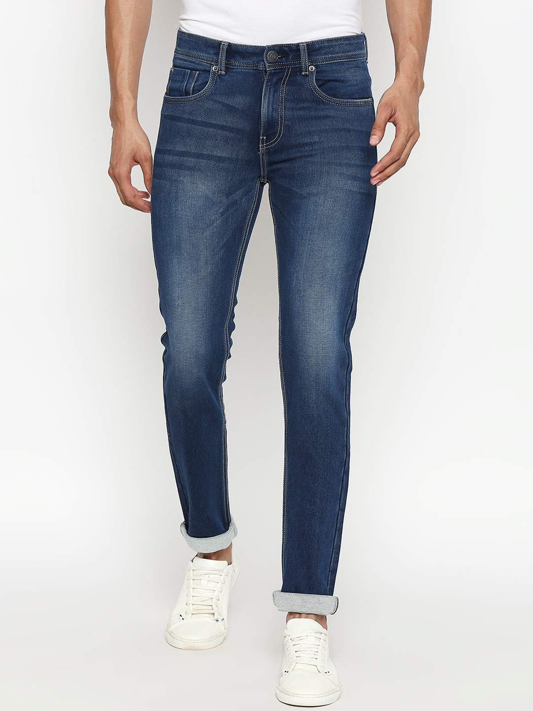 Navy Blue Slim Fit Men's Mid Rise Heart Embroidery Jeans by Being Human Clothing