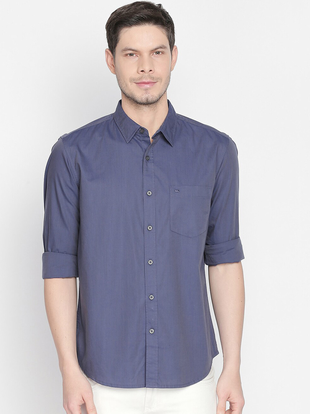 Men's Navy Blue Solid Slim Fit Shirt