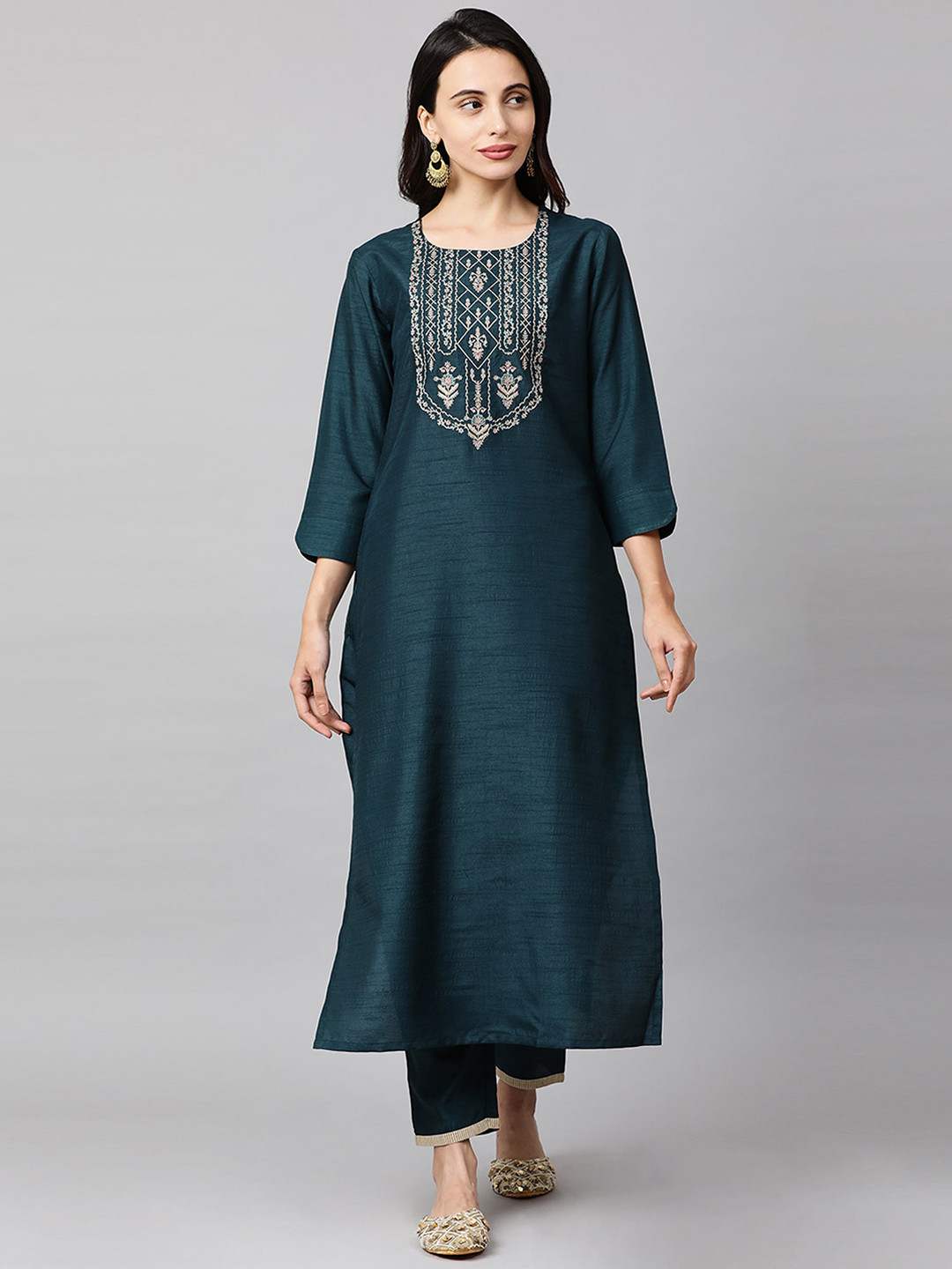 Indo Era Teal Embroidered Straight Kurta With Trouser Set