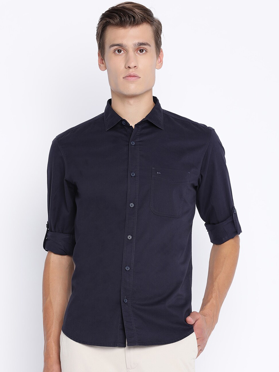 Buy Basics Men Navy Blue Slim Fit Solid Casual Shirt - Shirts for Men ...