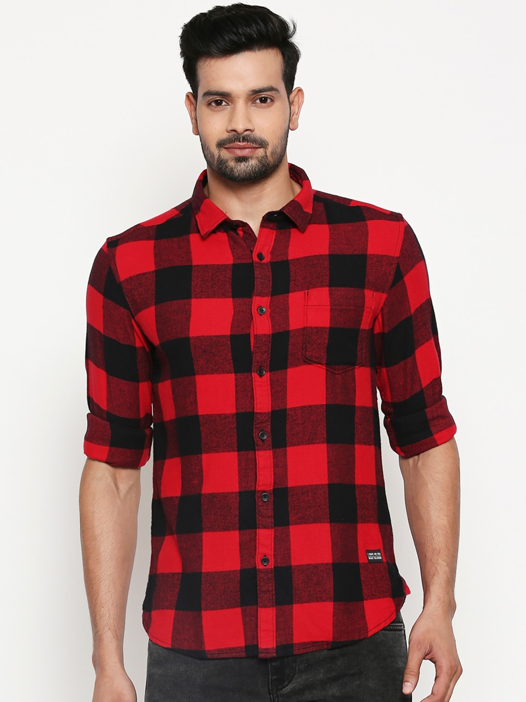Buy People Men Red & Black Slim Fit Checked Casual Shirt - Shirts for ...