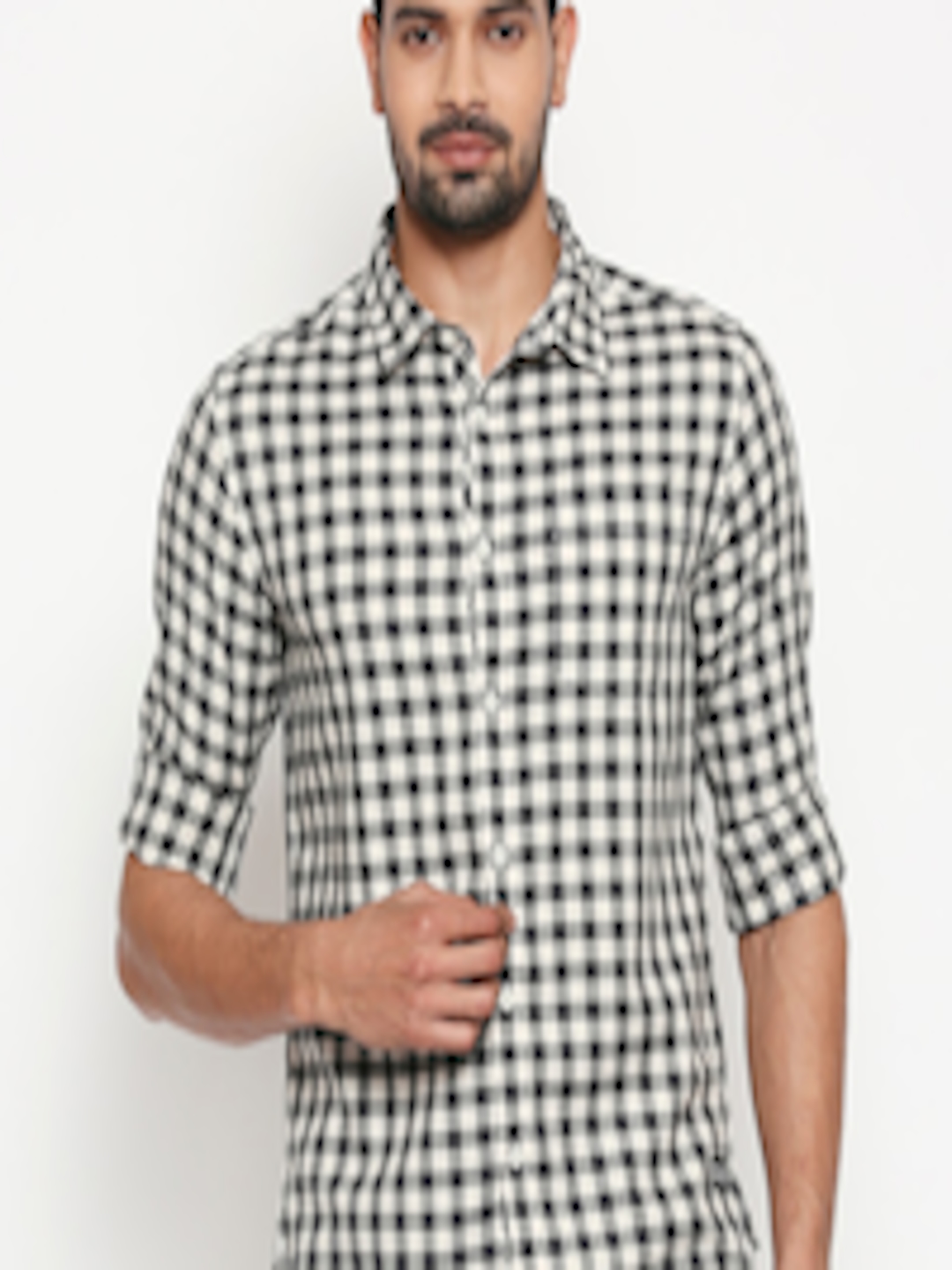 Buy People Men Grey & Off White Slim Fit Checked Cotton Casual Shirt ...