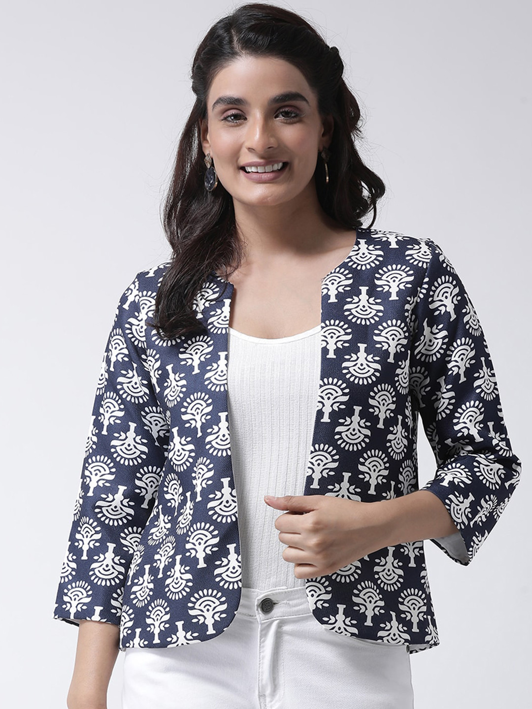 Women's Ribbed Navy Blue Longline Open Front Shrug