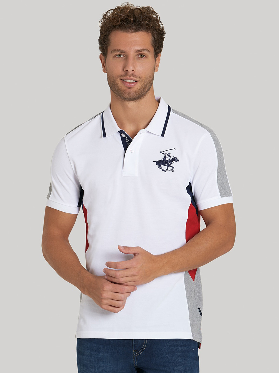 Buy Beverly Hills Polo Club Men White & Grey Colourblocked Polo Collar