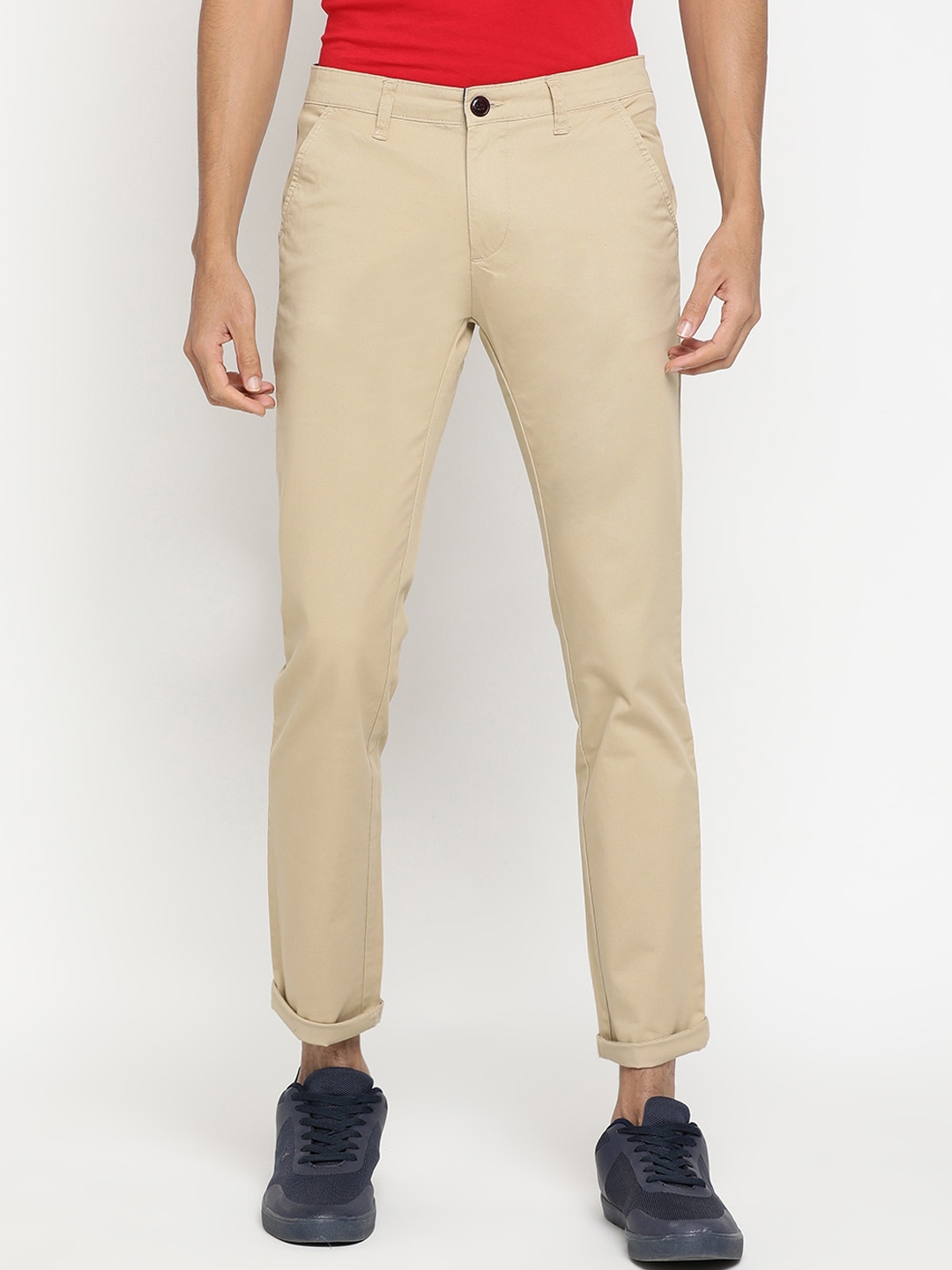 Buy Pepe Jeans Men Khaki Slim Fit Solid Regular Trousers - Trousers for ...