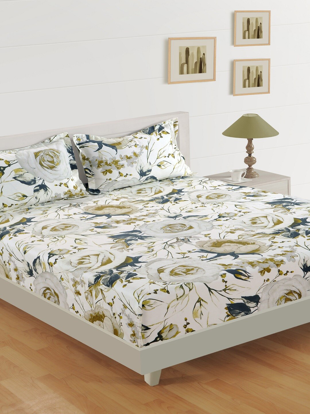Buy SWAYAM White & Olive Green Floral Print 200 TC Double Bedsheet With