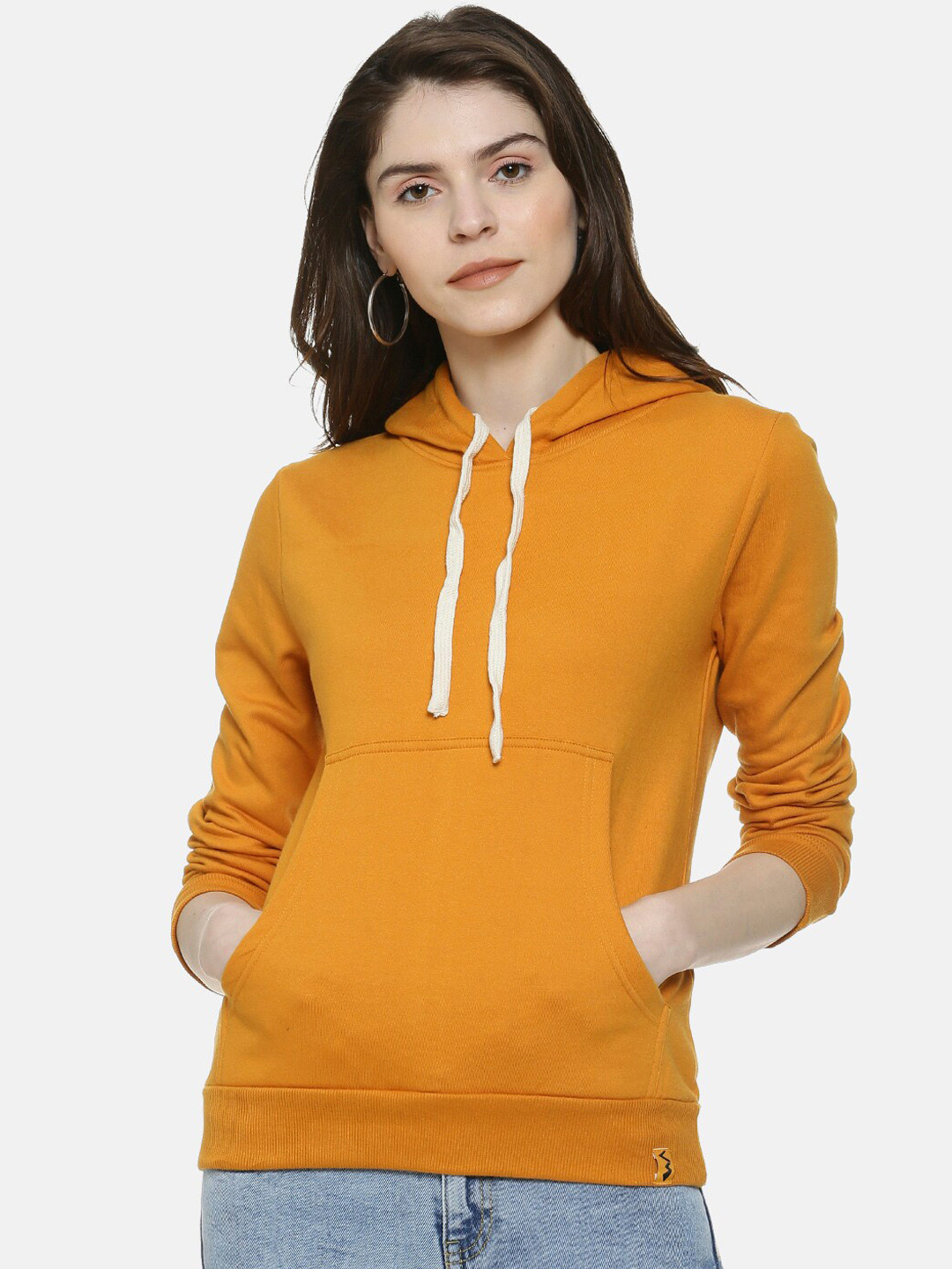 Buy Instafab Women Mustard Yellow Solid Hooded Sweatshirt Sweatshirts