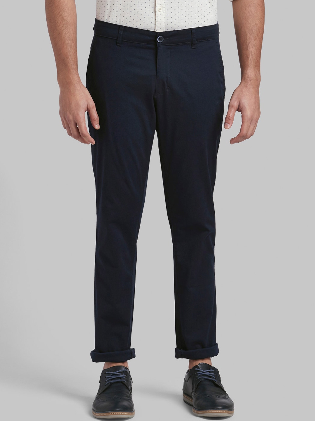 Buy Parx Men Navy Blue Tapered Fit Solid Regular Trousers - Trousers ...