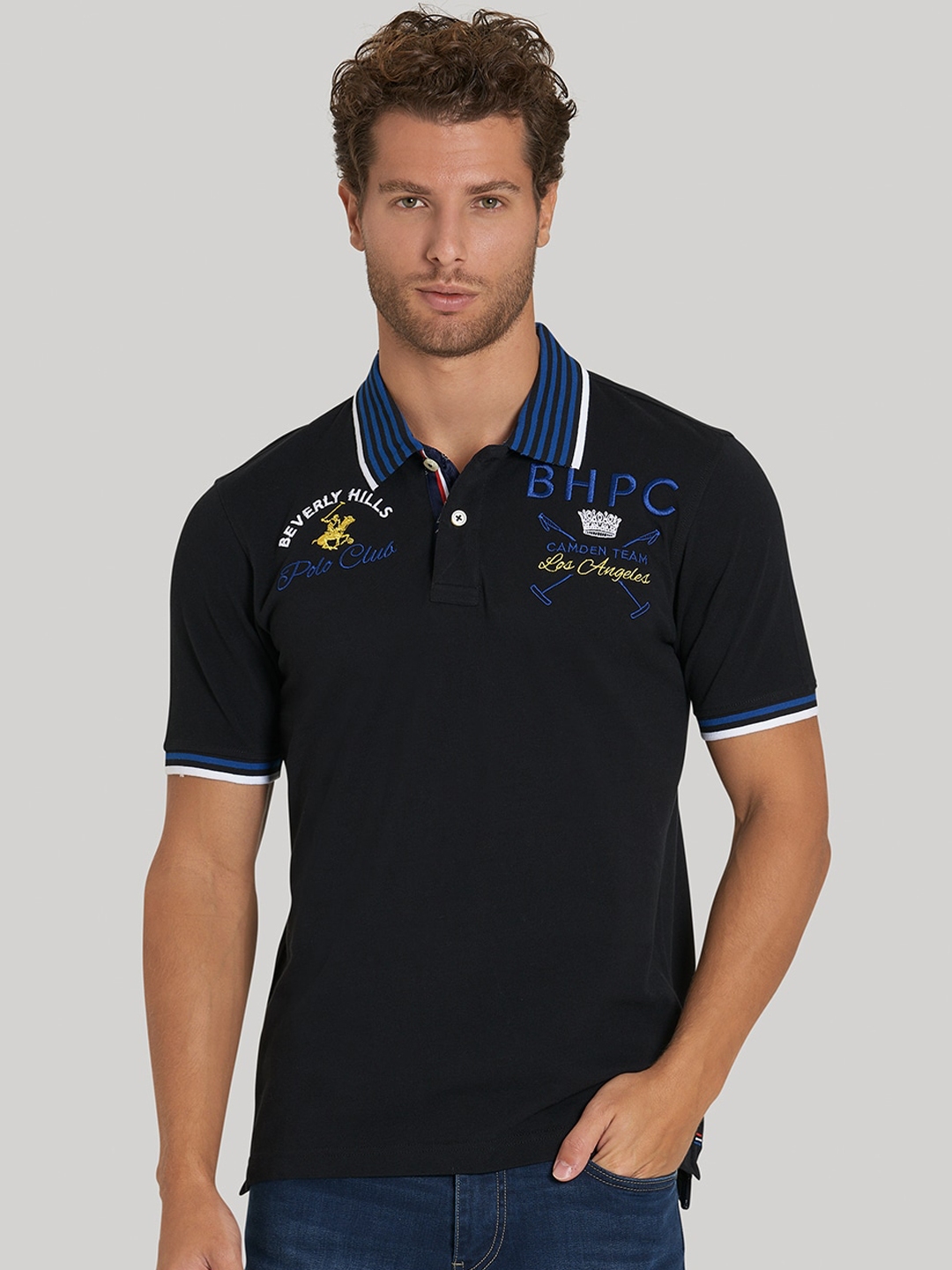 Buy Beverly Hills Polo Club Men Black Printed Polo Collar T Shirt ...