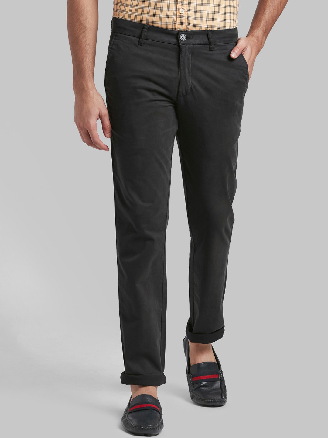Buy Parx Men Charcoal Grey Tapered Fit Solid Regular Trousers ...