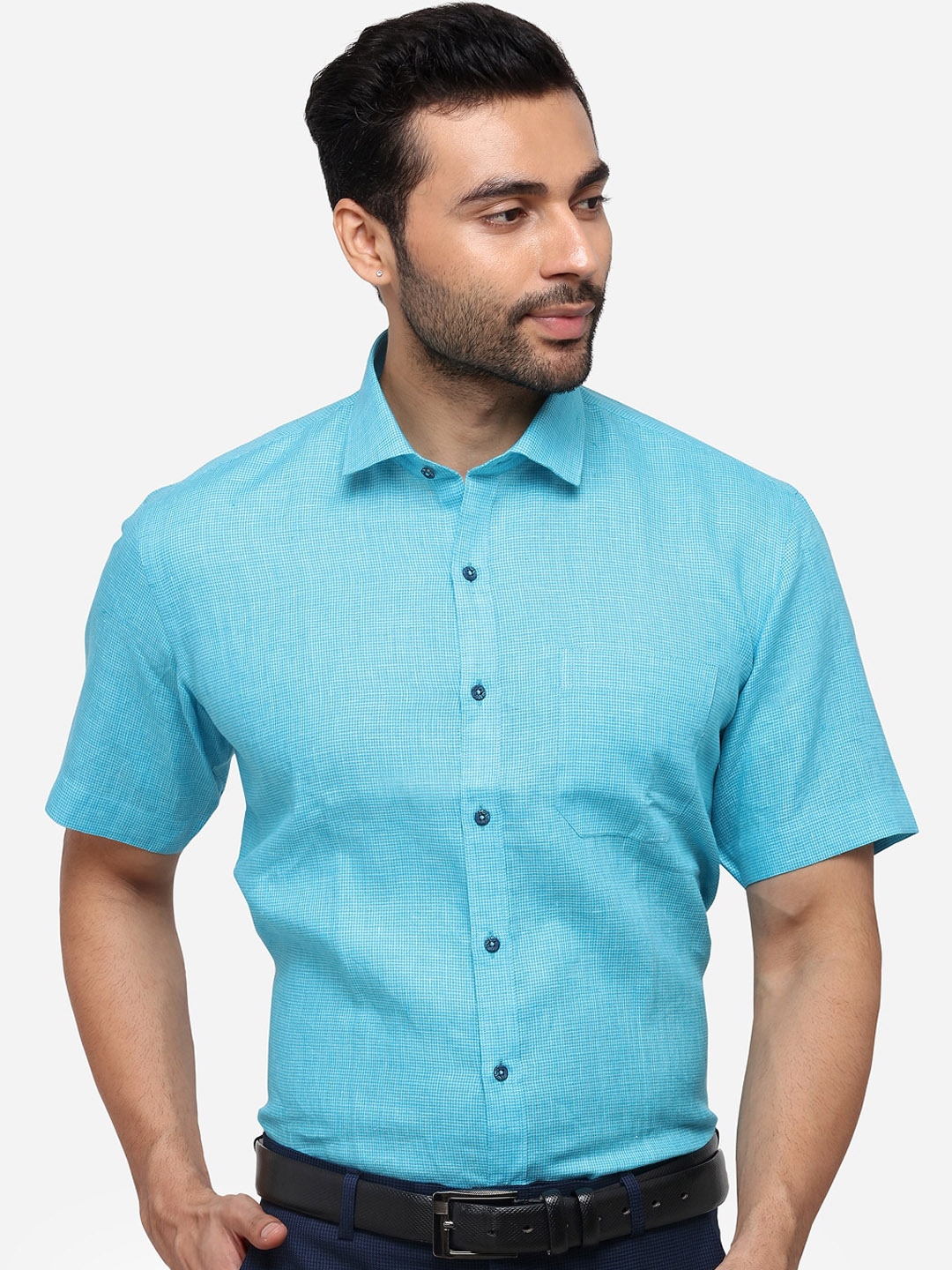 Buy JADE BLUE Men Blue Regular Fit Self Design Casual Linen Shirt ...