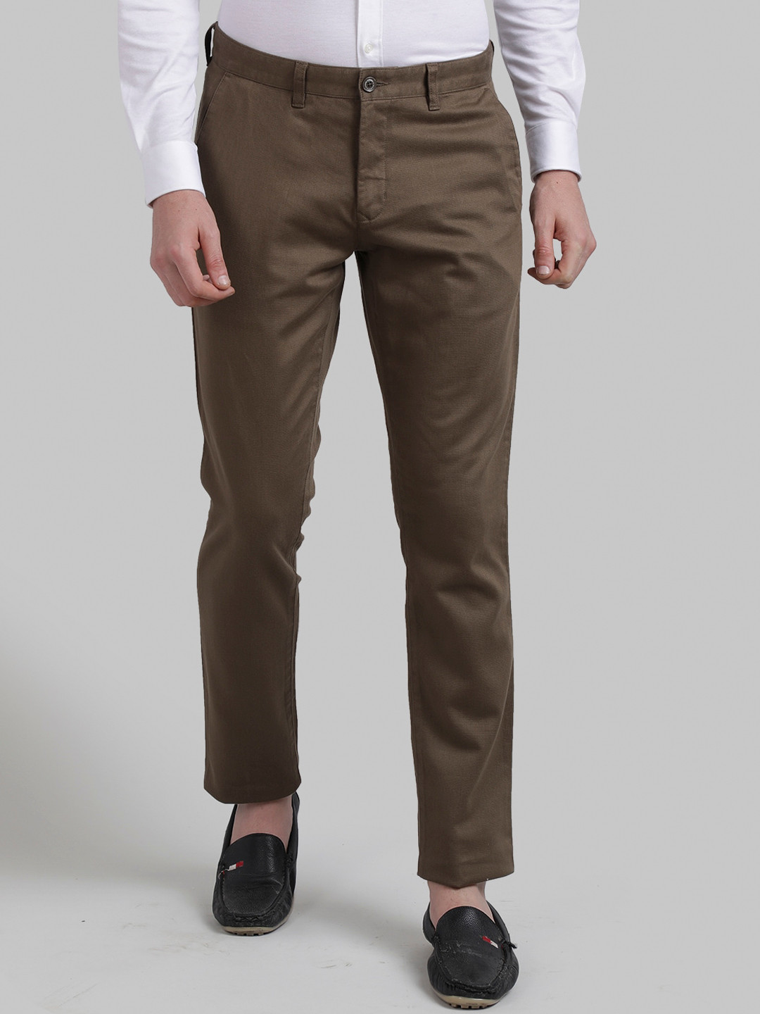 Buy Parx Men Olive Green Tapered Fit Solid Regular Trousers - Trousers ...