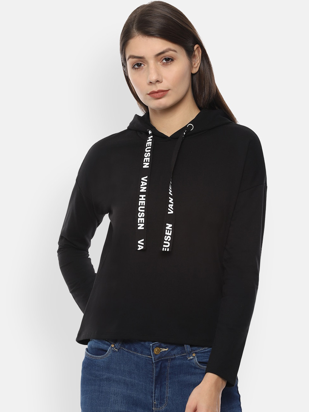 Buy Van Heusen Woman Women Black Solid Hooded Sweatshirt - Sweatshirts for Women 13192644 | Myntra
