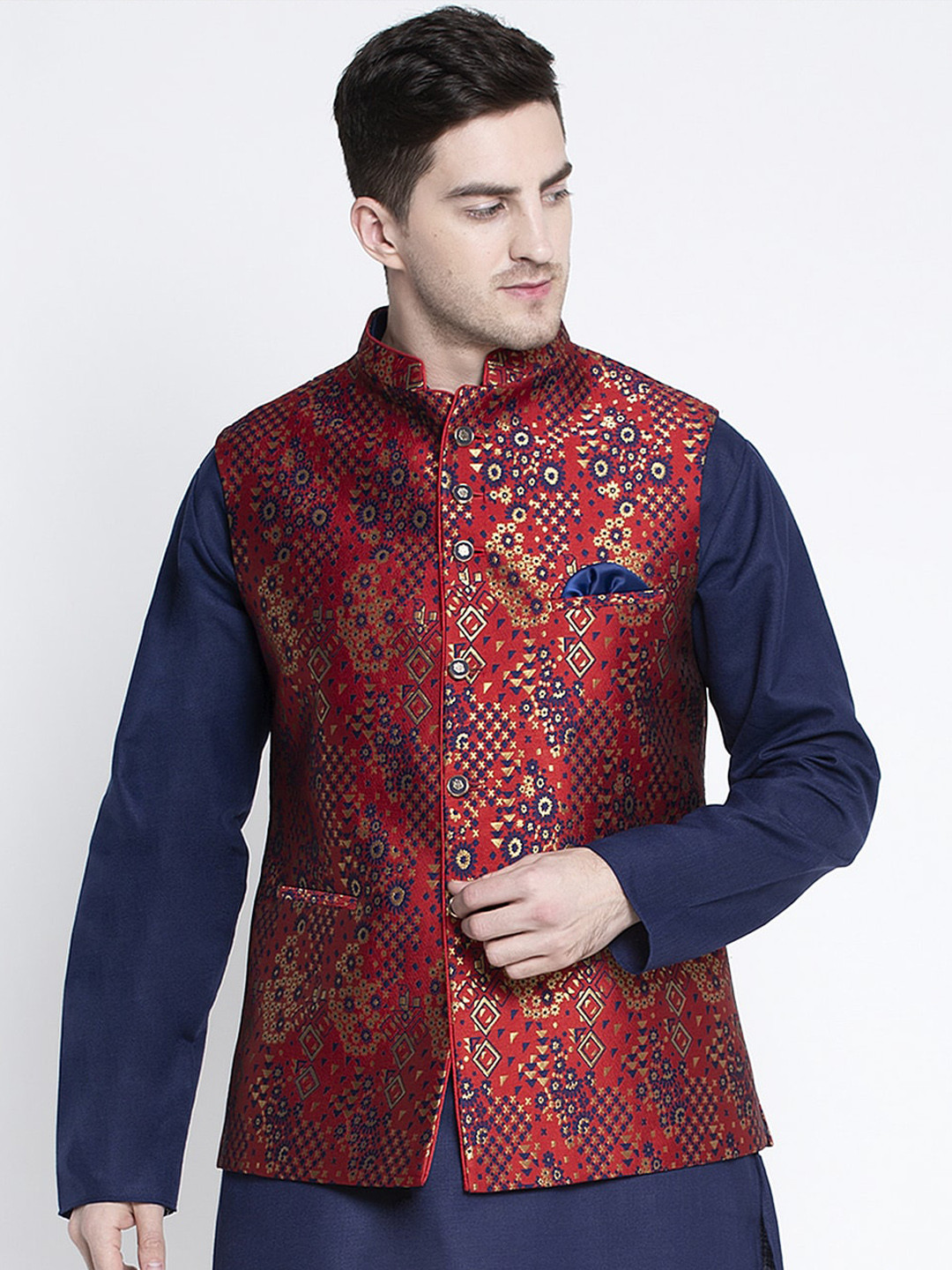 Buy MAXENCE Maroon Woven Design Pure Cotton Nehru Jacket With Pocket