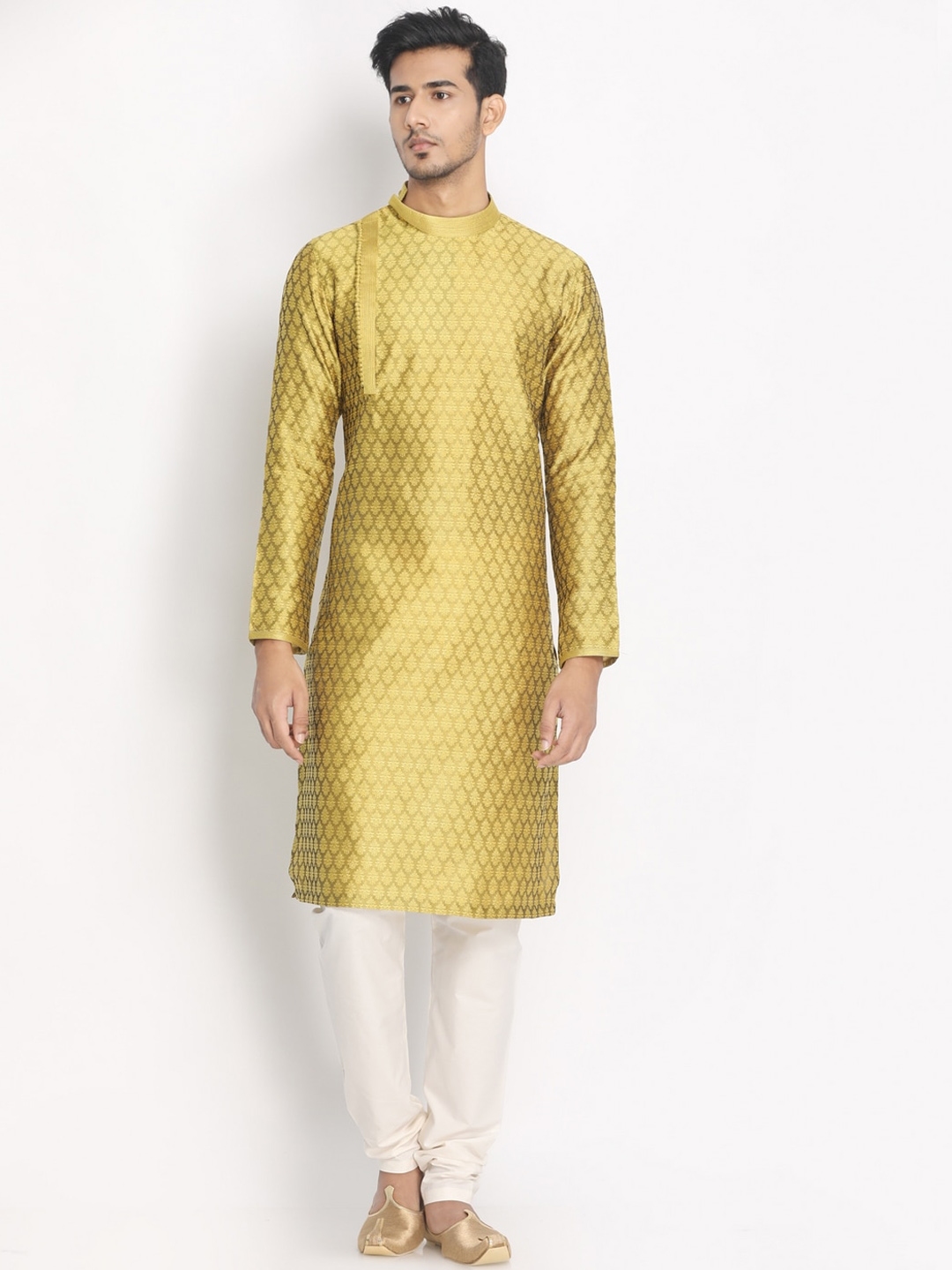 Buy Manyavar Men Yellow And Cream Coloured Self Design Kurta With Pyjamas Kurta Sets For Men