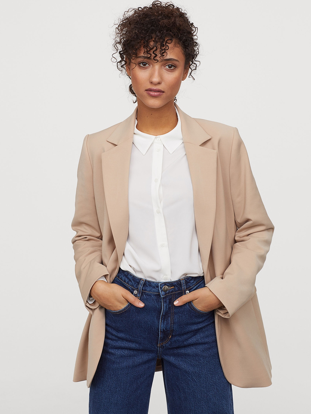 Buy H&M Women Beige Solid Straight Cut Jacket - Blazers for Women ...
