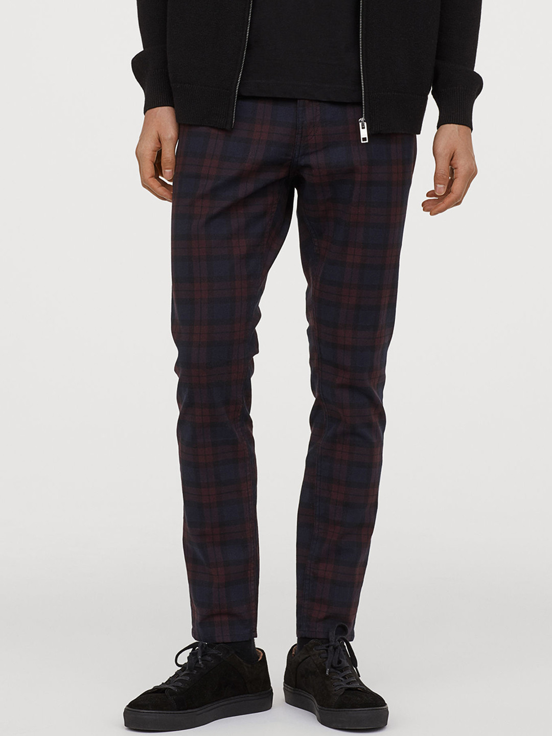 Buy H&M Men Navy Blue & Brown Twill Trousers Skinny Fit Trousers for