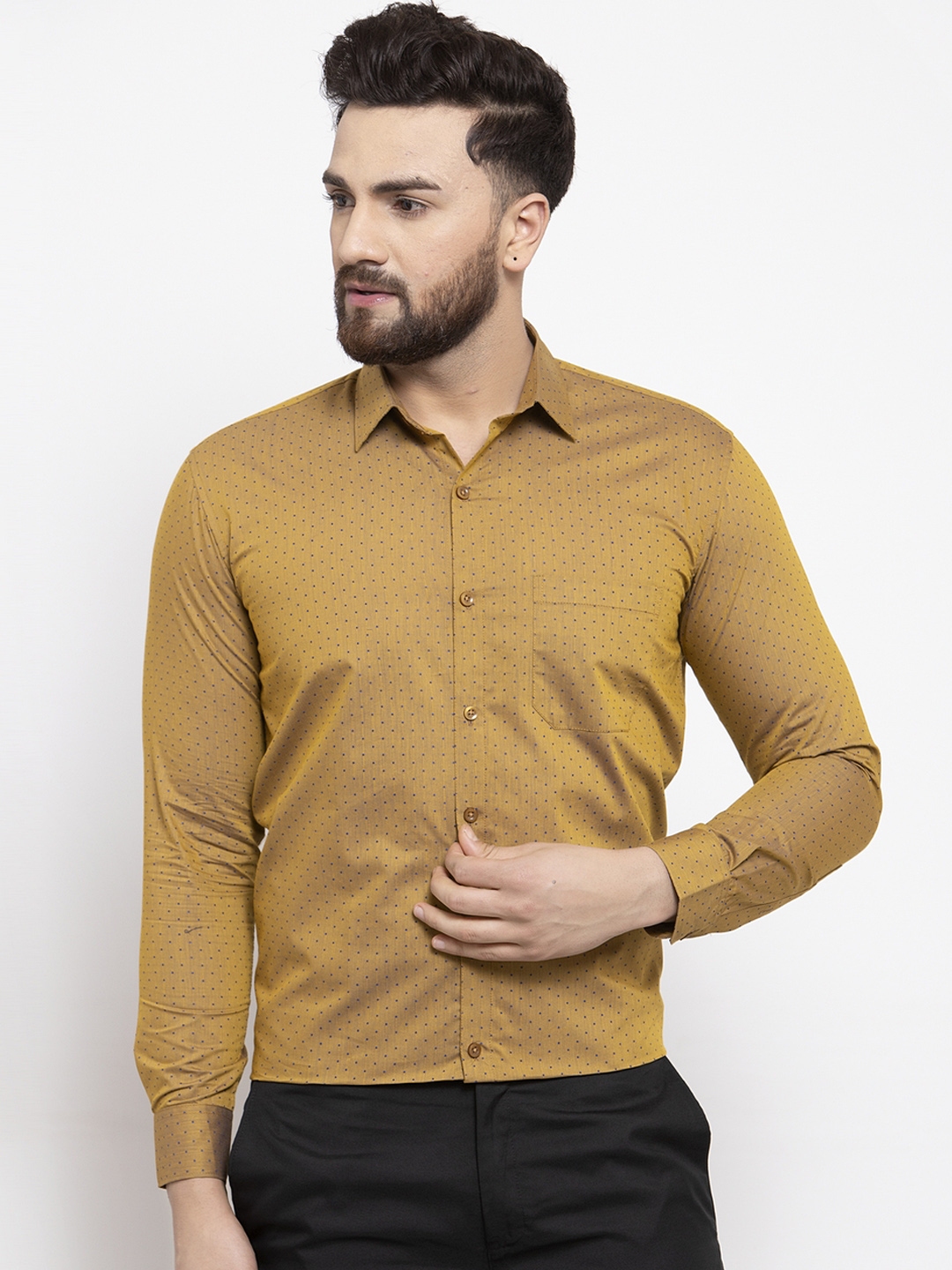 Buy JAINISH Men Mustard Yellow Classic Regular Fit Printed Formal Shirt ...