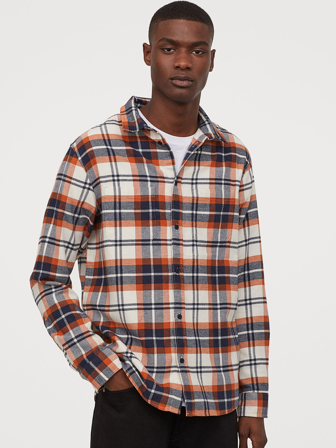 Buy H&M Men White & Navy Blue Cotton Flannel Shirt Shirts for Men