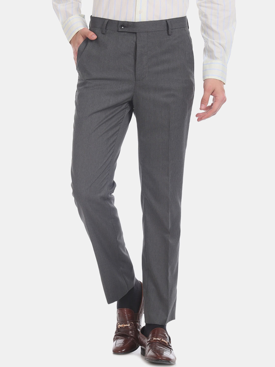 Buy Arrow Men Grey Tapered Fit Striped Formal Trousers - Trousers for ...