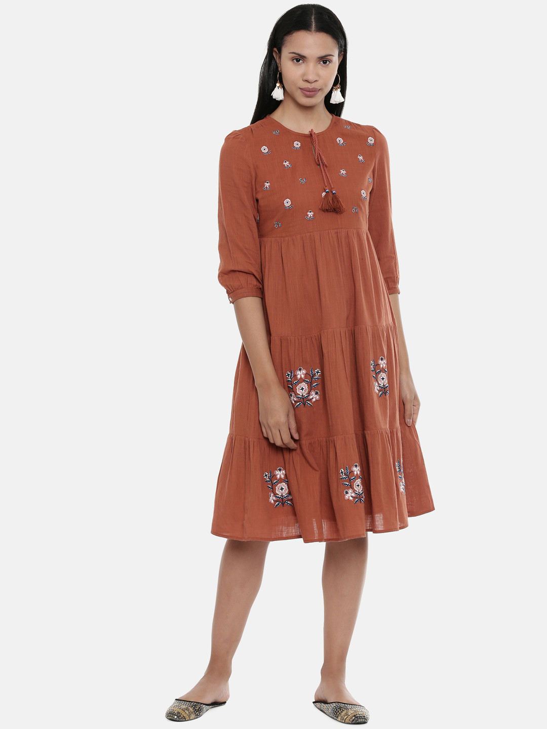 Buy Chumbak Women Rust Floral Embroidered Fit And Flare Dress Dresses