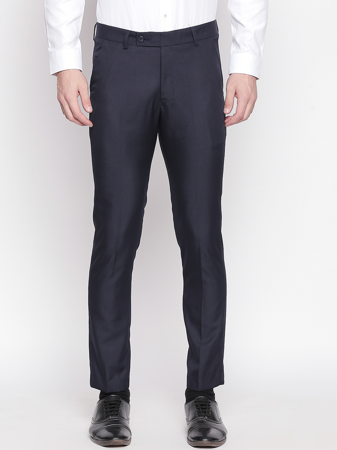 Buy Solemio Men Navy Blue Slim Fit Solid Regular Trousers - Trousers ... image.