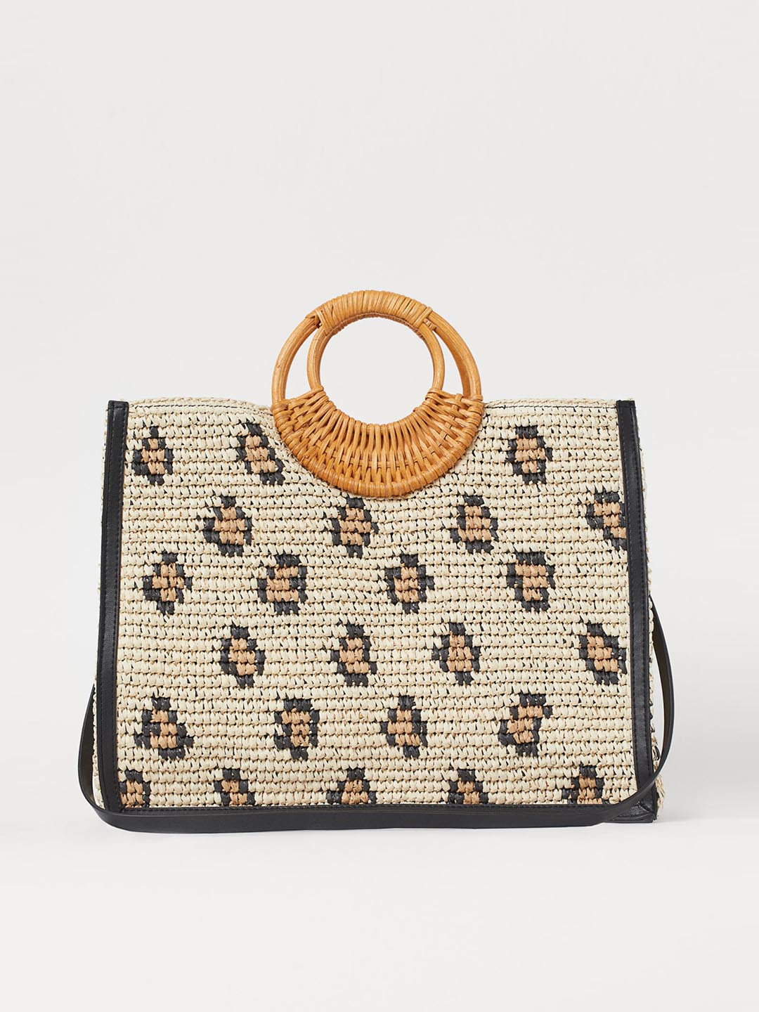 Buy H&M Women Beige & Black Self Design Paper Straw Shopper Handbags