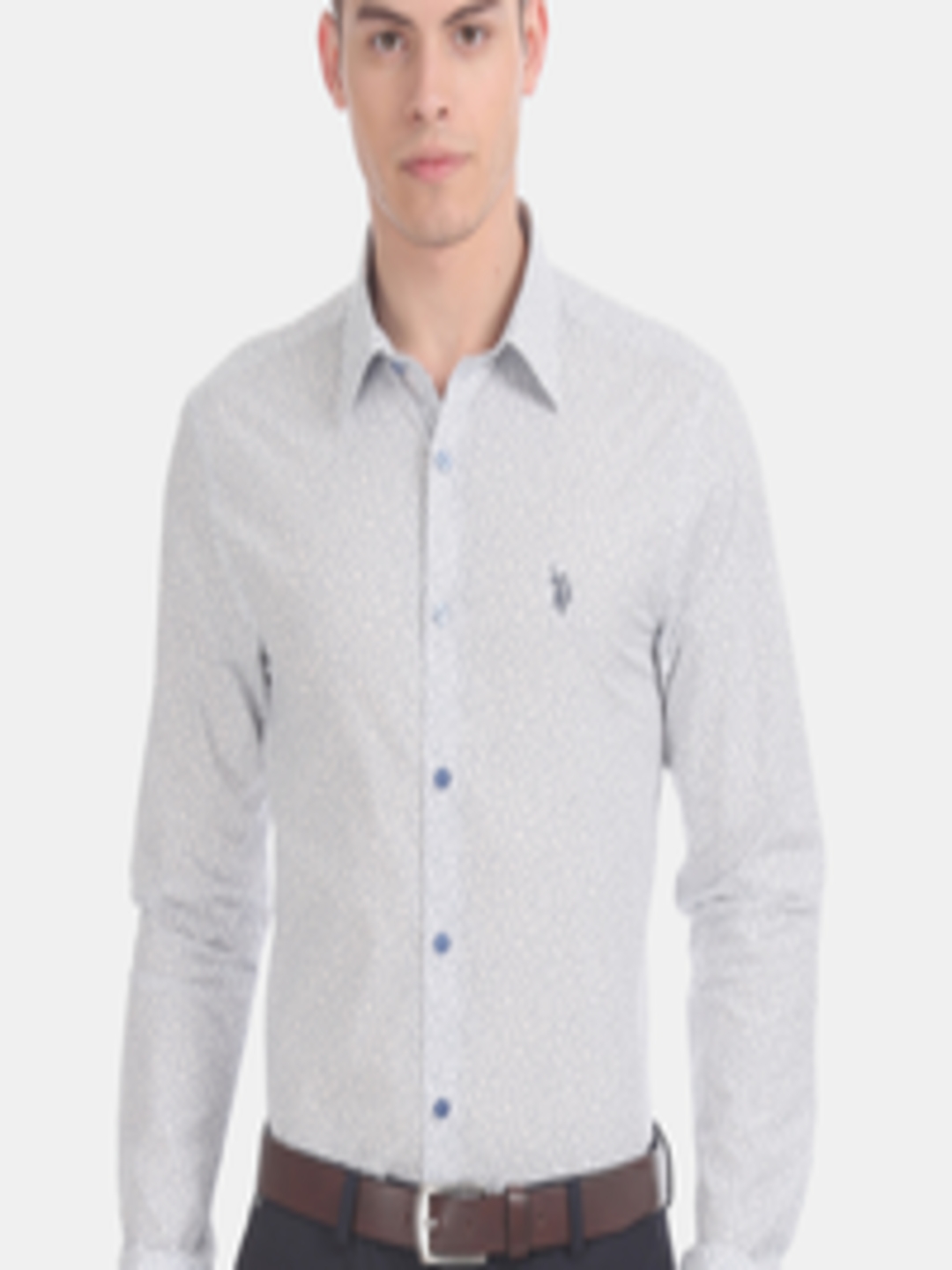Buy U.S. Polo Assn. Men White & Grey Regular Fit Printed Formal Shirt ...
