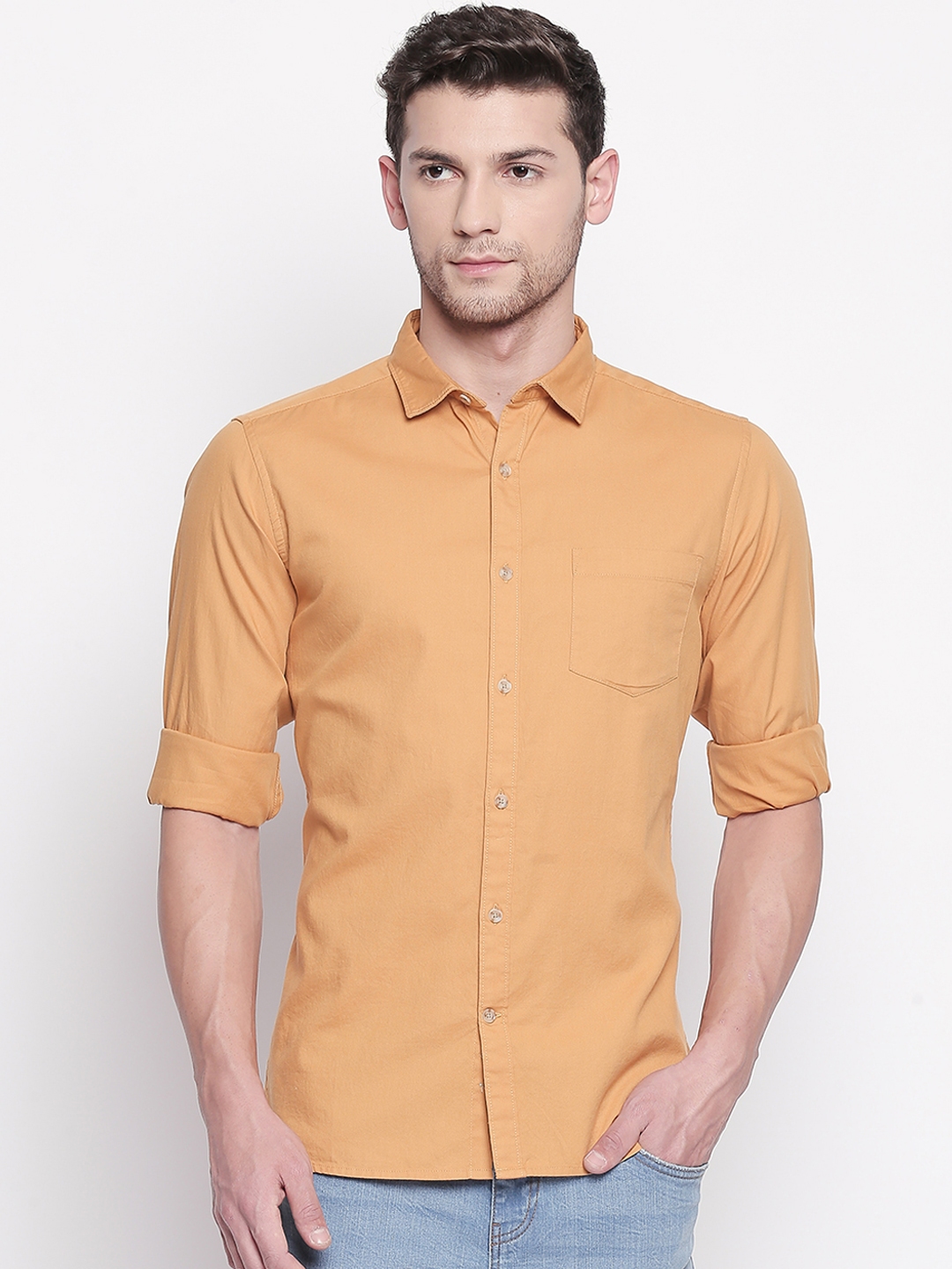 Buy BYFORD By Pantaloons Men Yellow Slim Fit Solid Casual Shirt ...