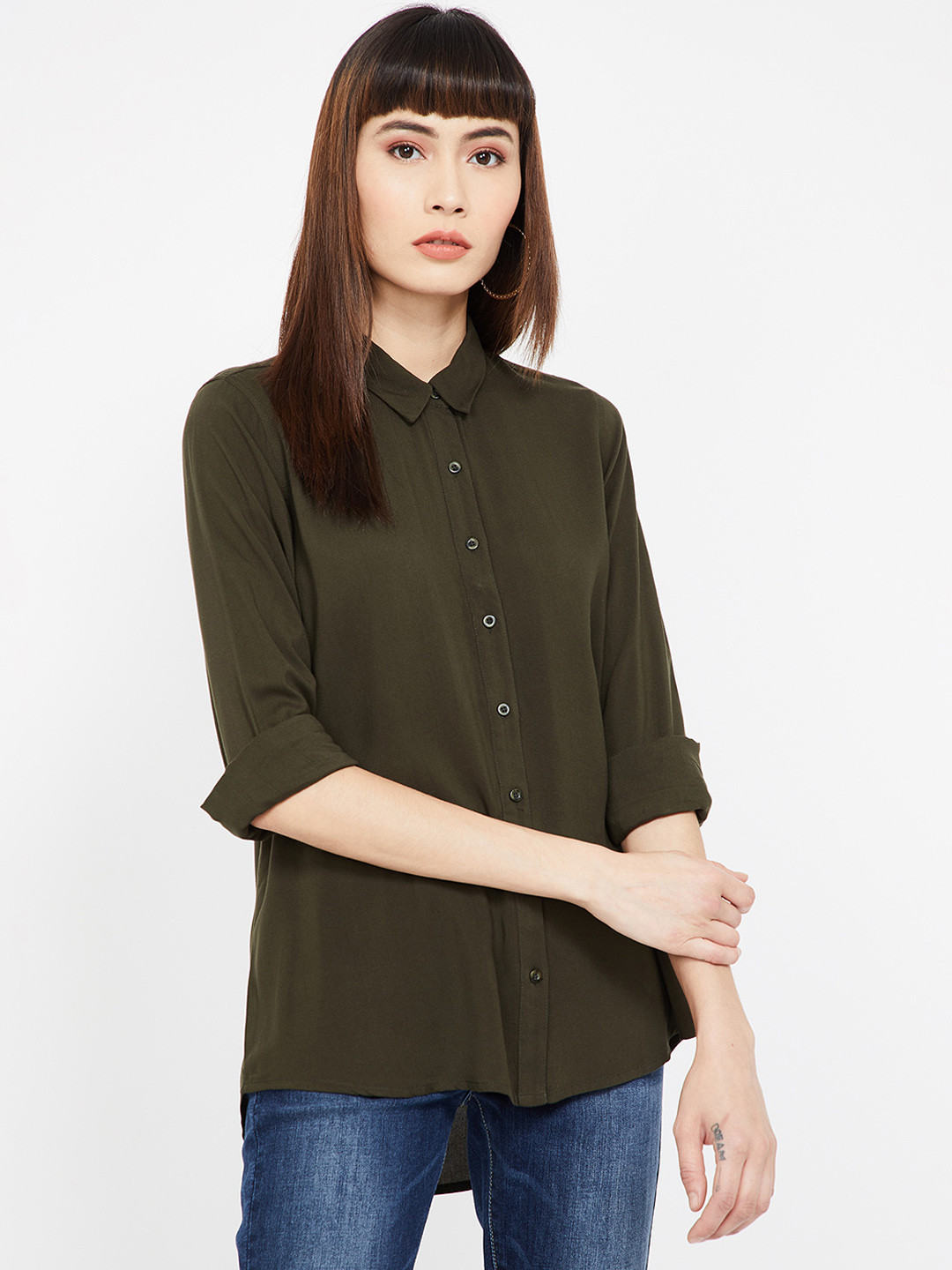 Buy CODE By Lifestyle Women Olive Green Regular Fit Solid Casual Shirt ...