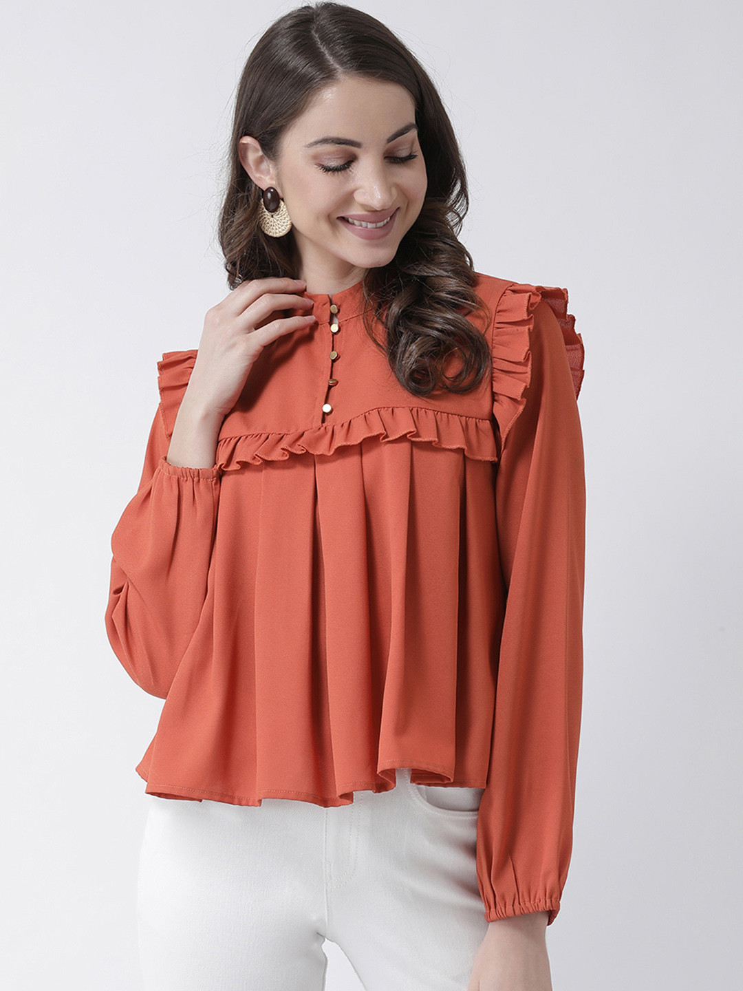 Women Red Solid A-Line Pure Cotton Top