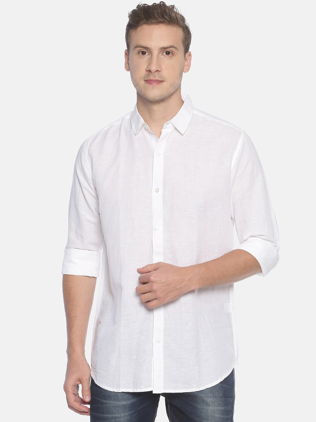 Buy Balista Men White Standard Slim Fit Solid Cotton Linen Casual Shirt ...