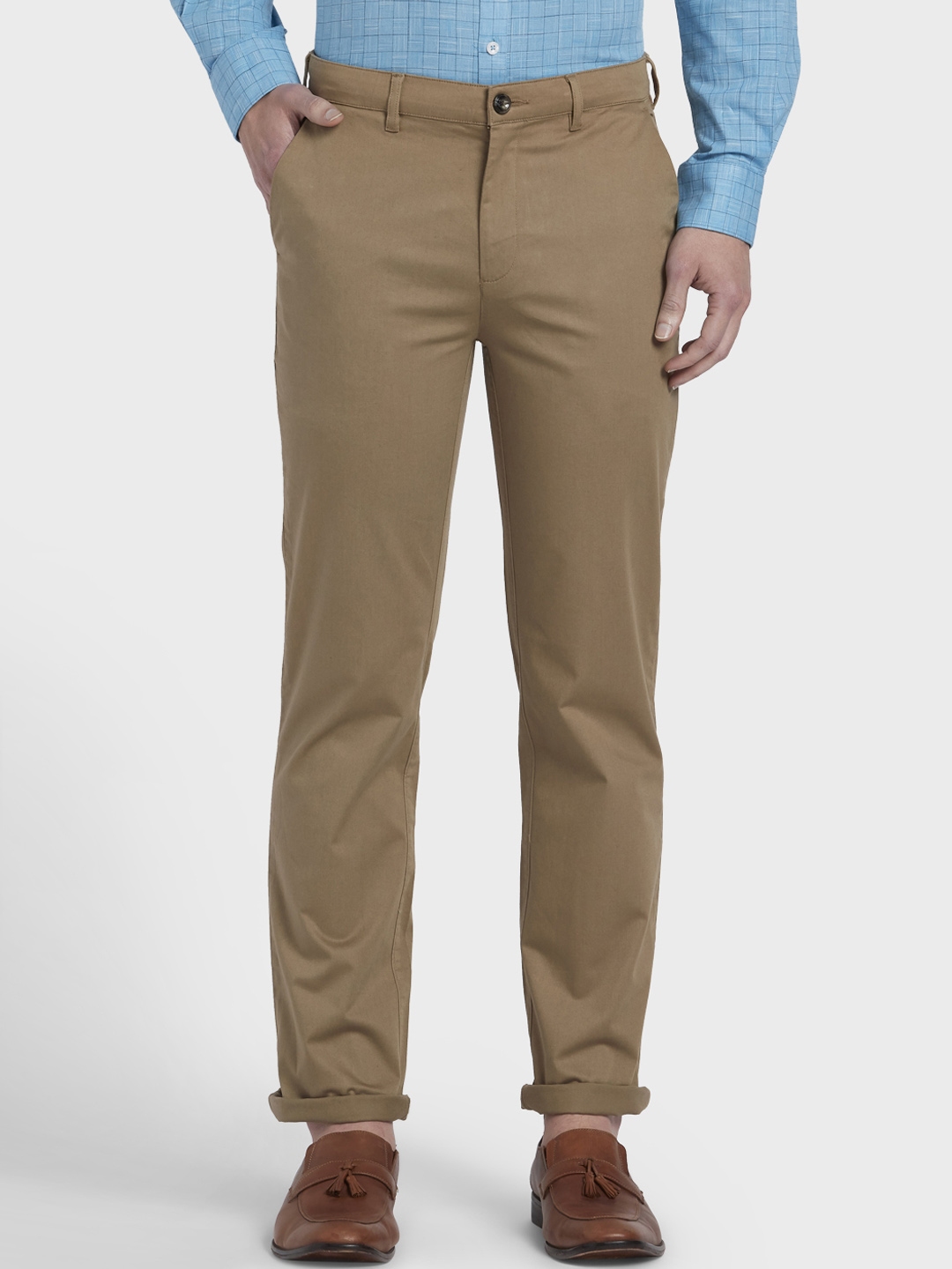 Buy ColorPlus Men Khaki Brown Tapered Fit Solid Regular Trousers ...