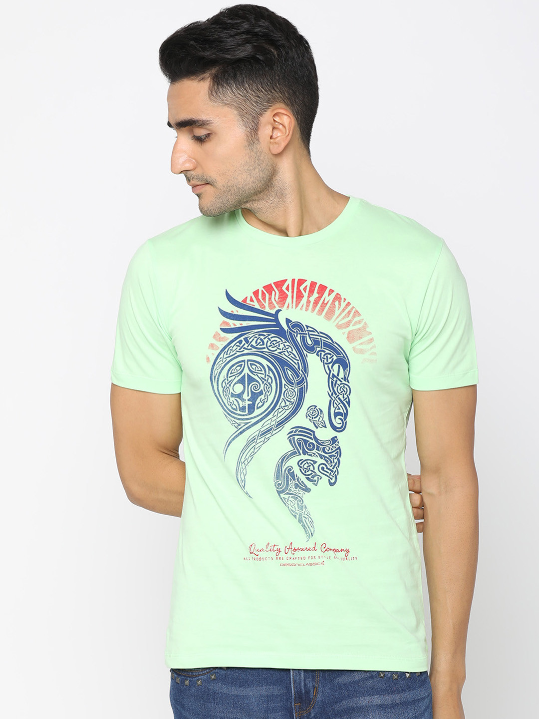 Buy Design Classics Men Green & Blue Printed Round Neck T Shirt