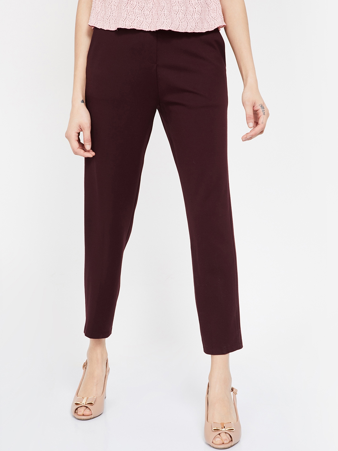 burgundy striped trousers