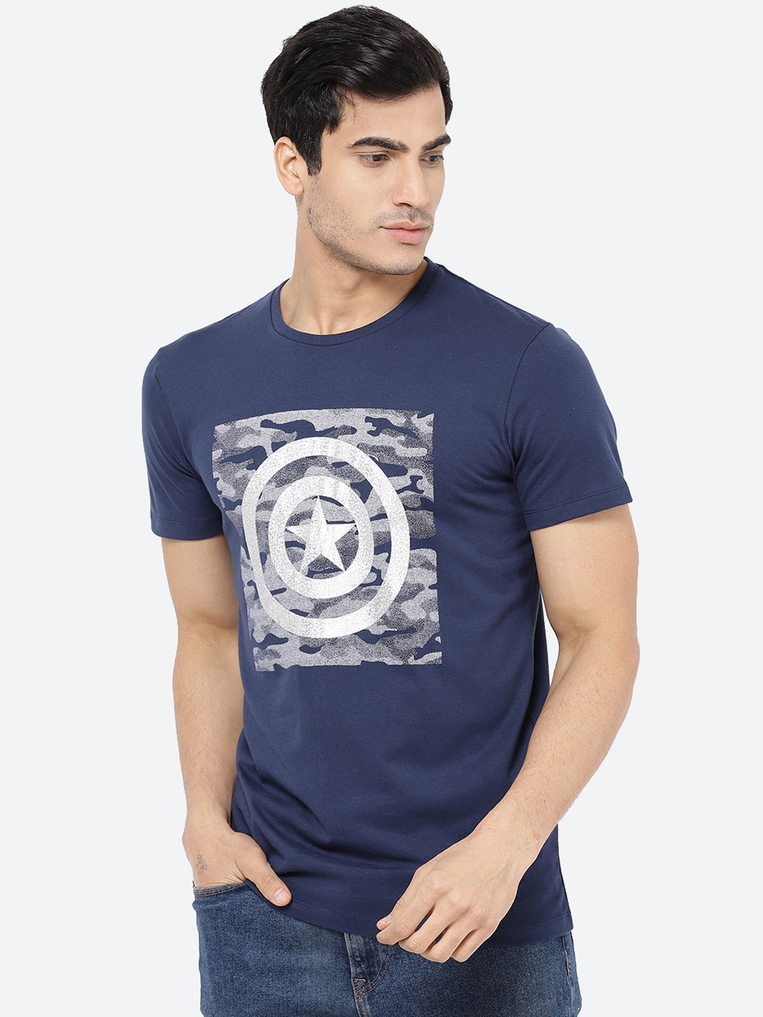 Buy Free Authority Men Blue Captain America Printed Round Neck T Shirt Tshirts For Men 