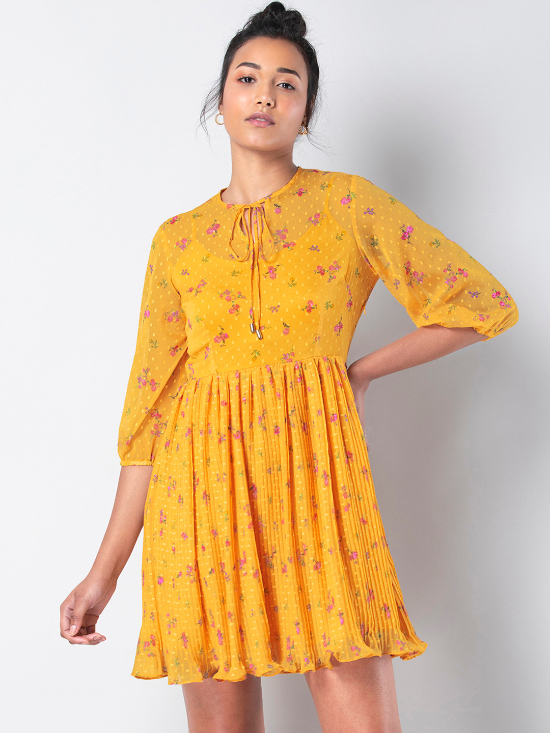 Buy FabAlley Women Yellow Printed Fit And Flare Dress Dresses for