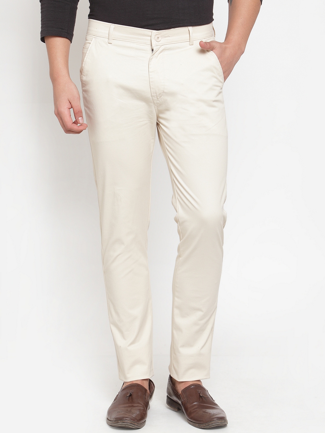 Buy Rodamo Men Beige Slim Fit Solid Regular Trousers - Trousers for Men ...