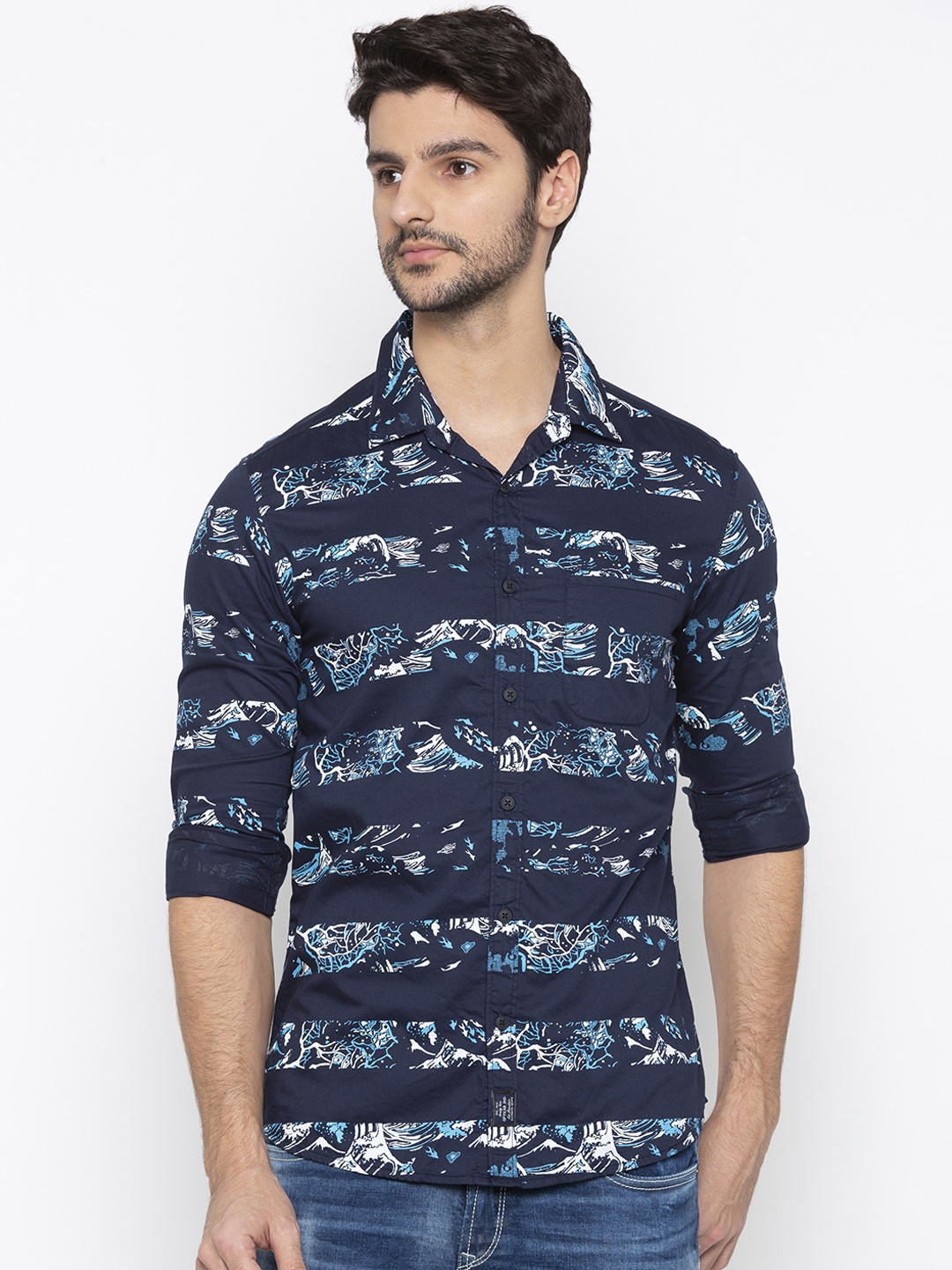 Buy SPYKAR Men Navy Blue Slim Fit Printed Casual Shirt - Shirts for Men ...