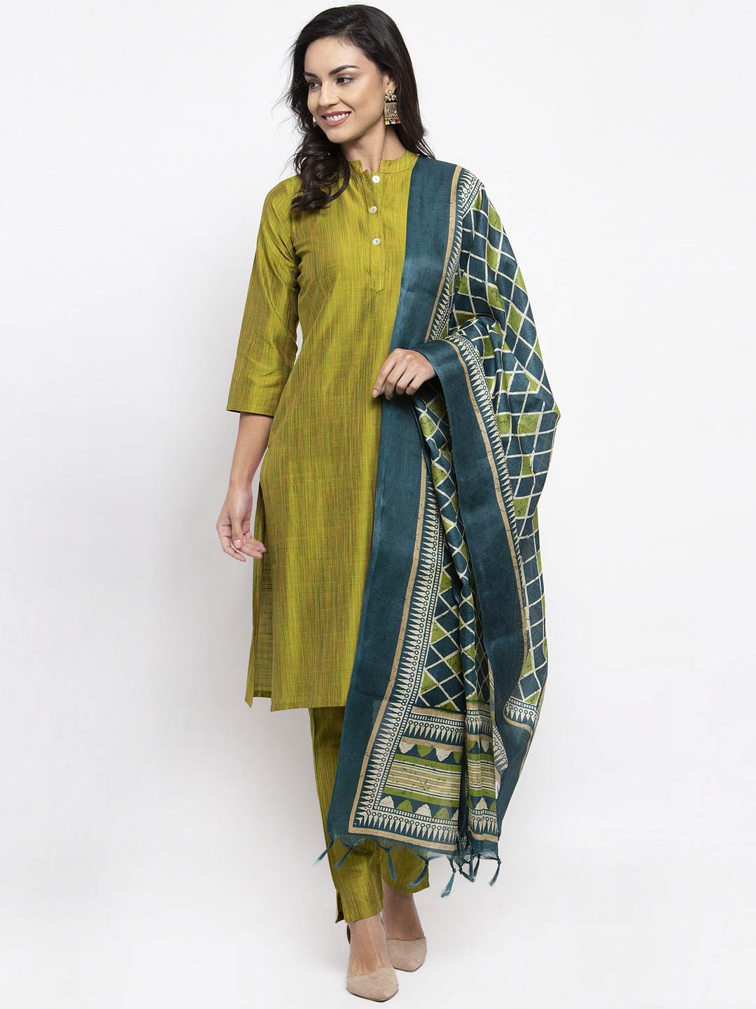 Women Green Solid Straight Kurta Trouser With Dupatta Set