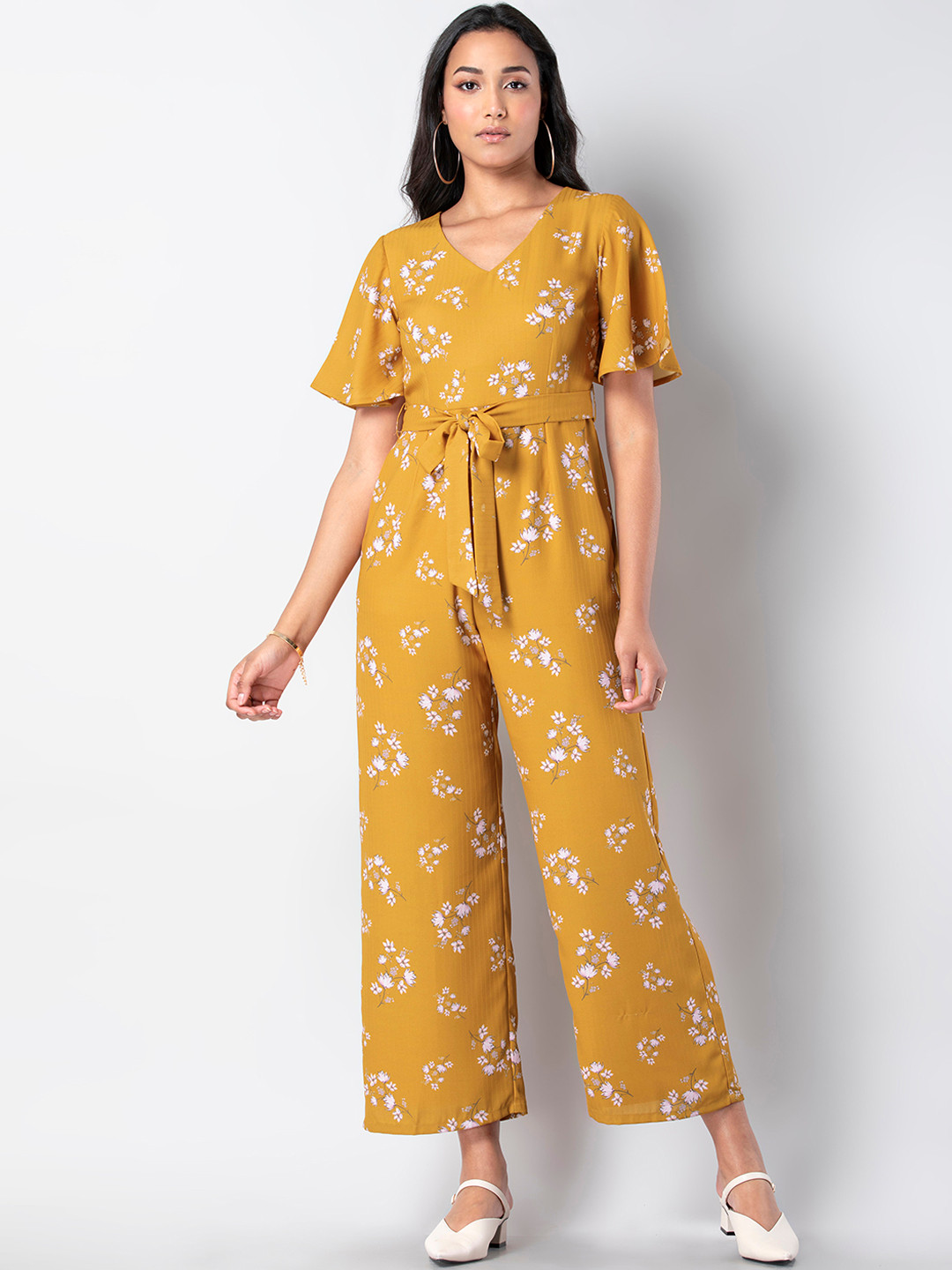 Buy FabAlley Women Mustard Yellow & White Printed Basic Jumpsuit