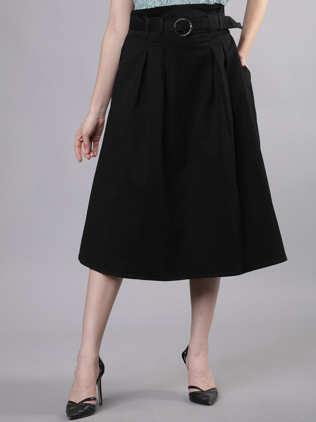 Buy Tokyo Talkies Women Black Solid Flared A Line Midi Skirt - Skirts ...